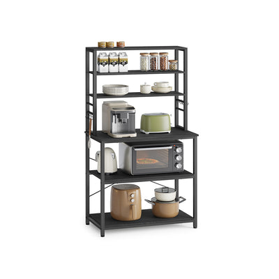 Vasagle charcoal grey and black kitchen storage rack with five shelves in a kitchen