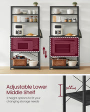 Charcoal grey wood-effect shelf detail on the Vasagle kitchen rack