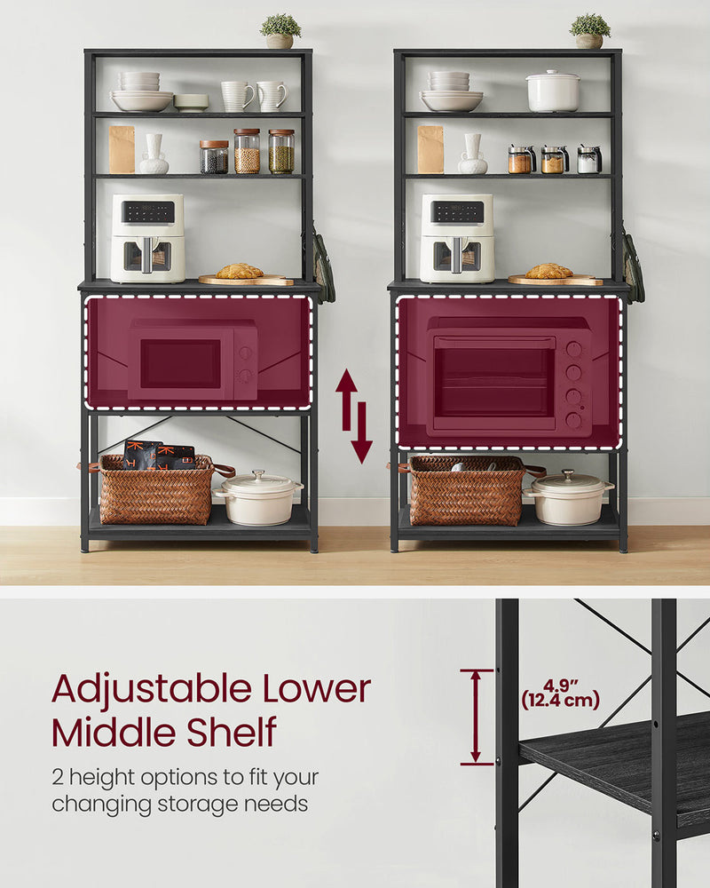 Charcoal grey wood-effect shelf detail on the Vasagle kitchen rack