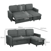 Dimension diagram showing the charcoal grey sofa bed's 200 x 126.5 x 85cm frame and pull-out bed size