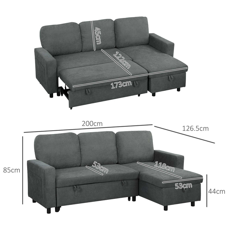 Dimension diagram showing the charcoal grey sofa bed's 200 x 126.5 x 85cm frame and pull-out bed size