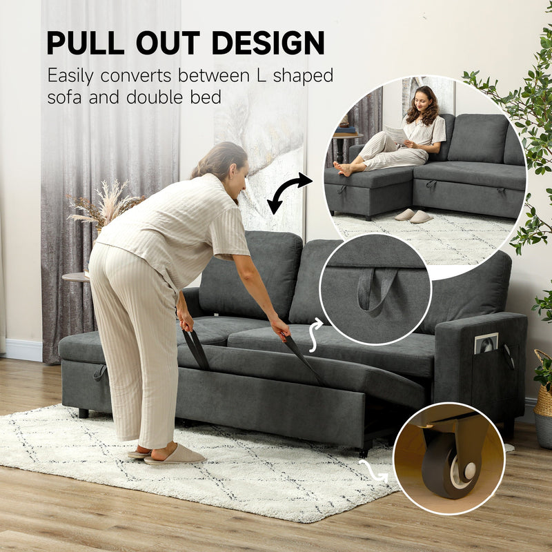 Woman demonstrating the pull-out bed mechanism, storage pocket and castor wheel