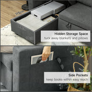 Hidden storage compartment under the chaise and fabric side pocket for books