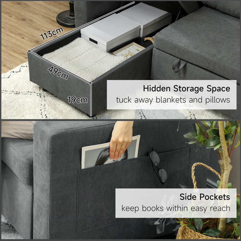 Hidden storage compartment under the chaise and fabric side pocket for books