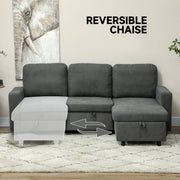 Reversible chaise shown switching from the left to the right side of the sofa