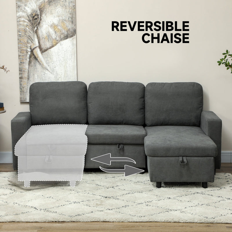 Reversible chaise shown switching from the left to the right side of the sofa