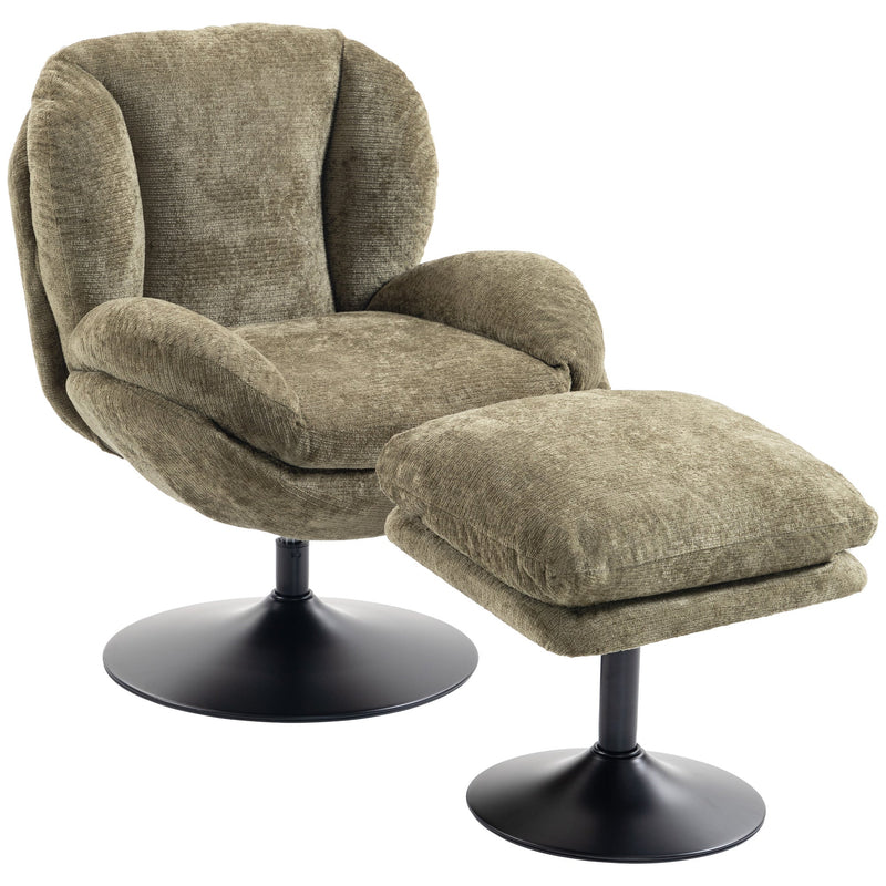 Dark green chenille lazy chair and matching ottoman on black pedestal bases, studio shot