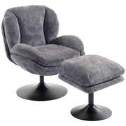 Dark grey chenille lazy chair and matching ottoman on black pedestal bases, studio shot