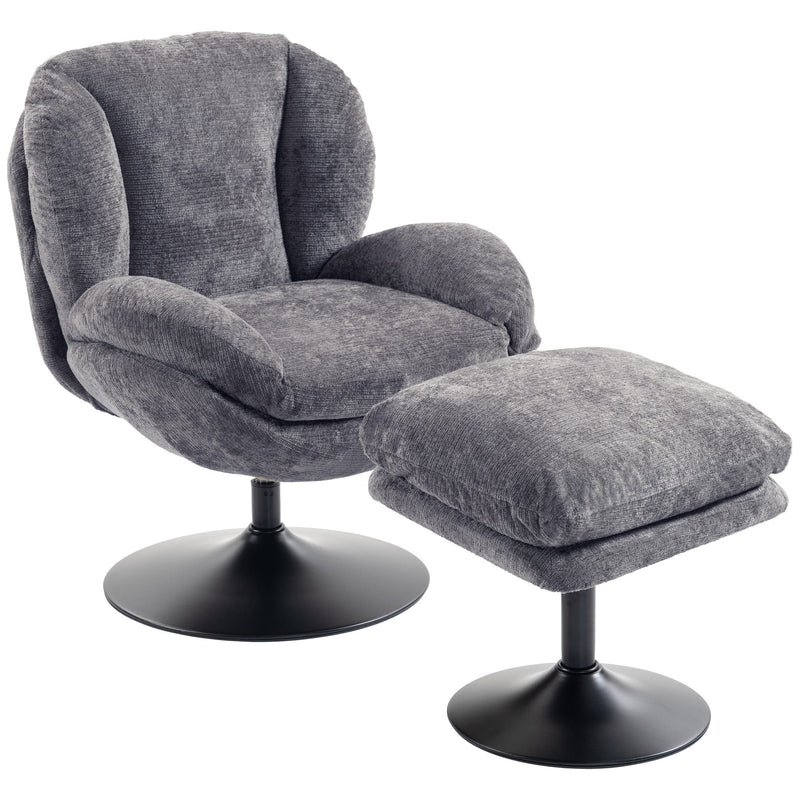 Dark grey chenille lazy chair and matching ottoman on black pedestal bases, studio shot