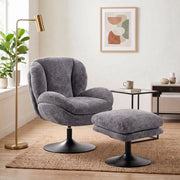 Dark grey swivel lazy chair with ottoman in a living room beside a brass floor lamp
