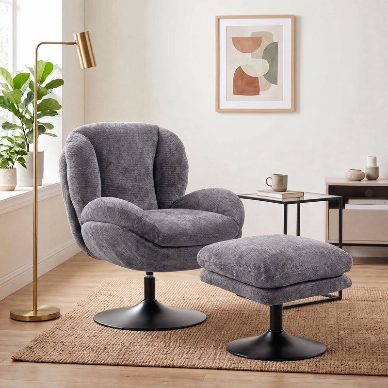 Dark grey swivel lazy chair with ottoman in a living room beside a brass floor lamp