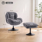 Dimensions diagram of the dark grey lazy chair, 74 x 80 x 91 cm, with 48 x 42 x 45 cm ottoman and 120 kg capacity