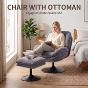 Woman reading in the dark grey lazy chair with her feet up on the ottoman in a bedroom
