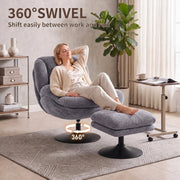 Dark grey lazy chair showing its 360 degree swivel base, woman relaxing with legs on the ottoman