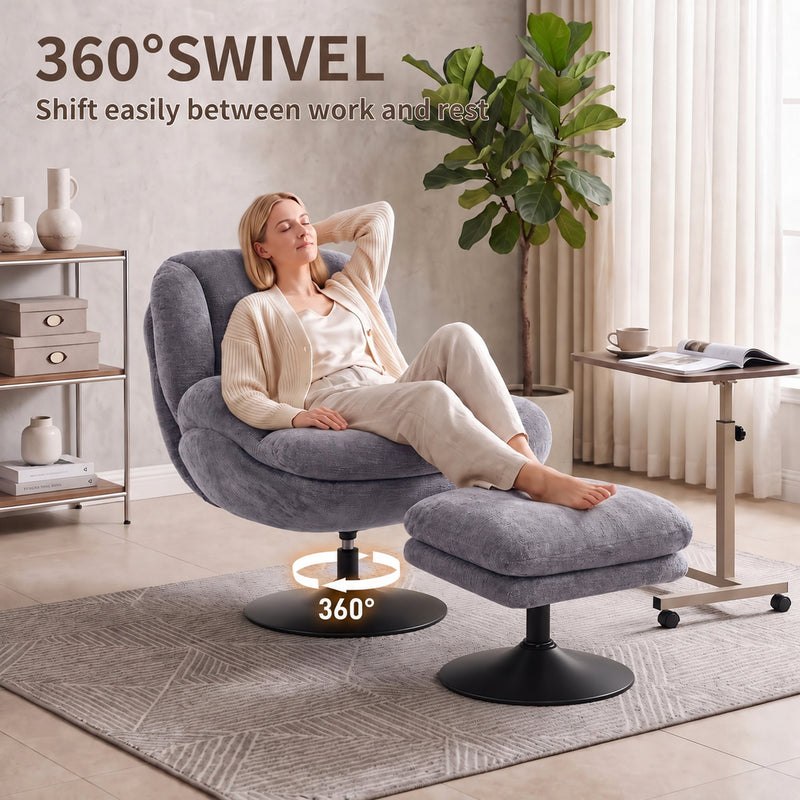 Dark grey lazy chair showing its 360 degree swivel base, woman relaxing with legs on the ottoman