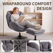 Wraparound comfort design of the dark grey lazy chair with a woman reading a book