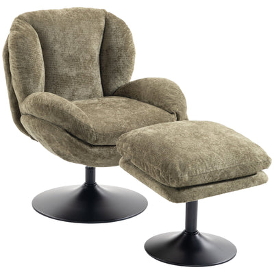 Dark green chenille lazy chair and matching ottoman on black pedestal bases, studio shot