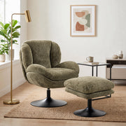 Dark green swivel lazy chair with ottoman in a living room beside a brass floor lamp