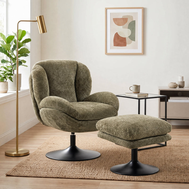 Dark green swivel lazy chair with ottoman in a living room beside a brass floor lamp