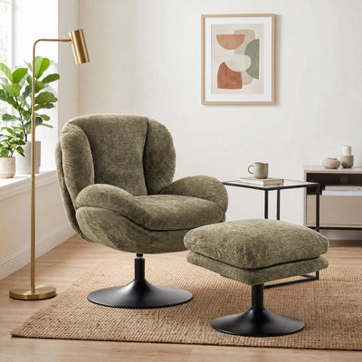 Dark green swivel lazy chair with ottoman in a living room beside a brass floor lamp
