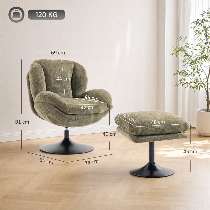 Dimensions diagram of the dark green lazy chair, 74 x 80 x 91 cm, with 48 x 42 x 45 cm ottoman and 120 kg capacity