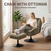 Woman reading in the dark green lazy chair with her feet up on the ottoman in a bedroom