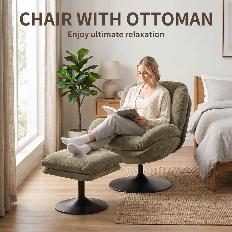 Woman reading in the dark green lazy chair with her feet up on the ottoman in a bedroom