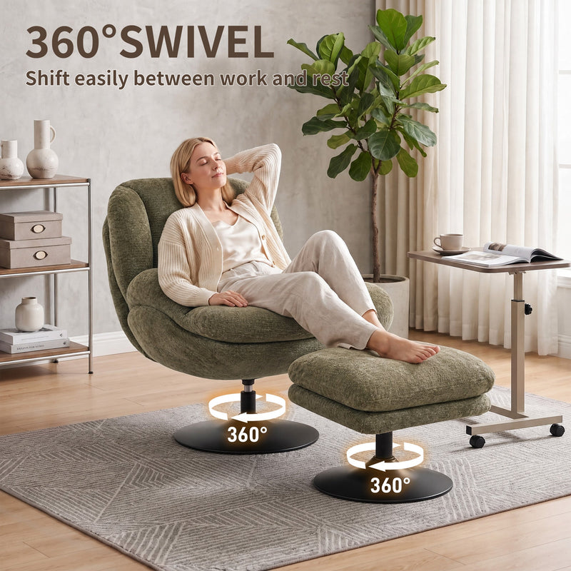 Dark green lazy chair showing its 360 degree swivel base, woman relaxing with legs on the ottoman