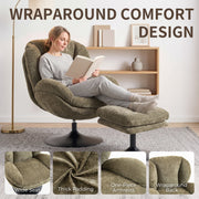 Wraparound comfort design of the dark green lazy chair with a woman reading a book