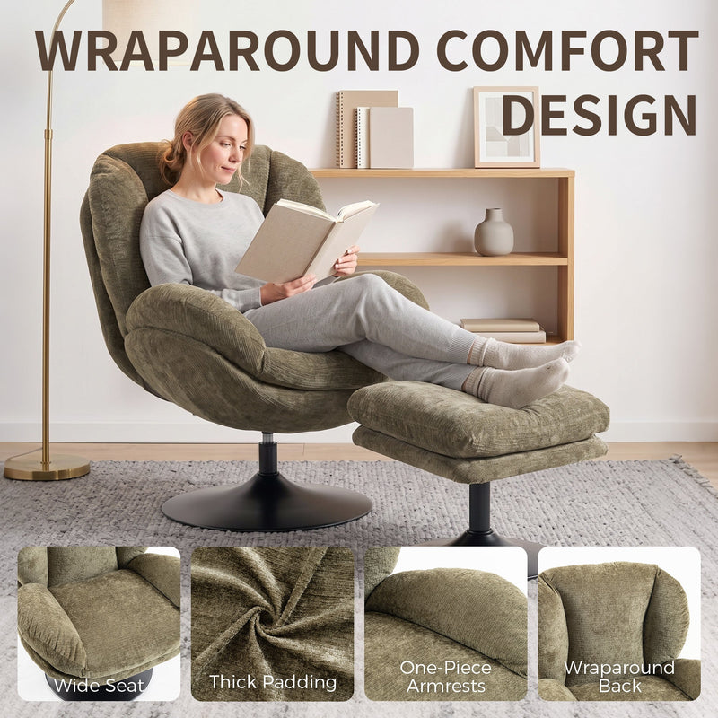 Wraparound comfort design of the dark green lazy chair with a woman reading a book