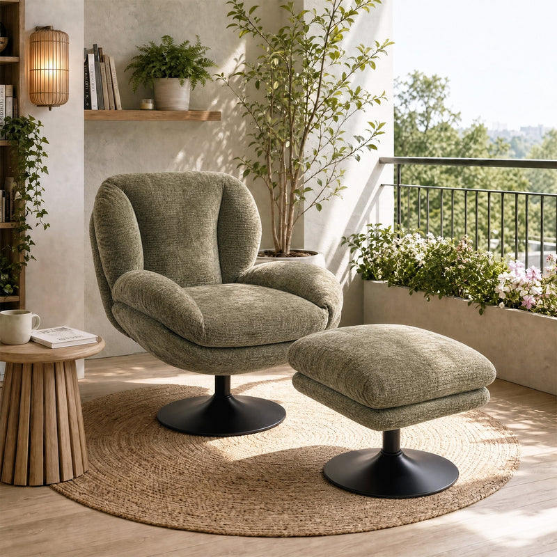 Dark green lazy chair and ottoman by a balcony window with plants and a wooden side table