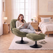 Woman with glasses reading in the dark green lazy chair in a bright bedroom