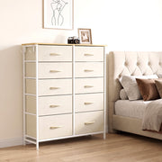 Beige 10 drawer fabric chest styled beside a bed in a bedroom