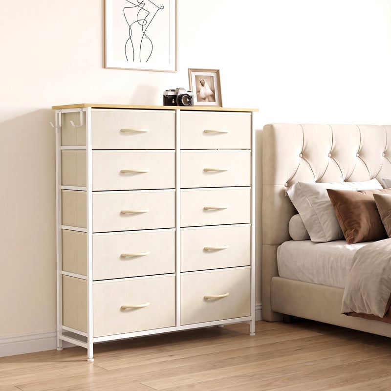 Beige 10 drawer fabric chest styled beside a bed in a bedroom
