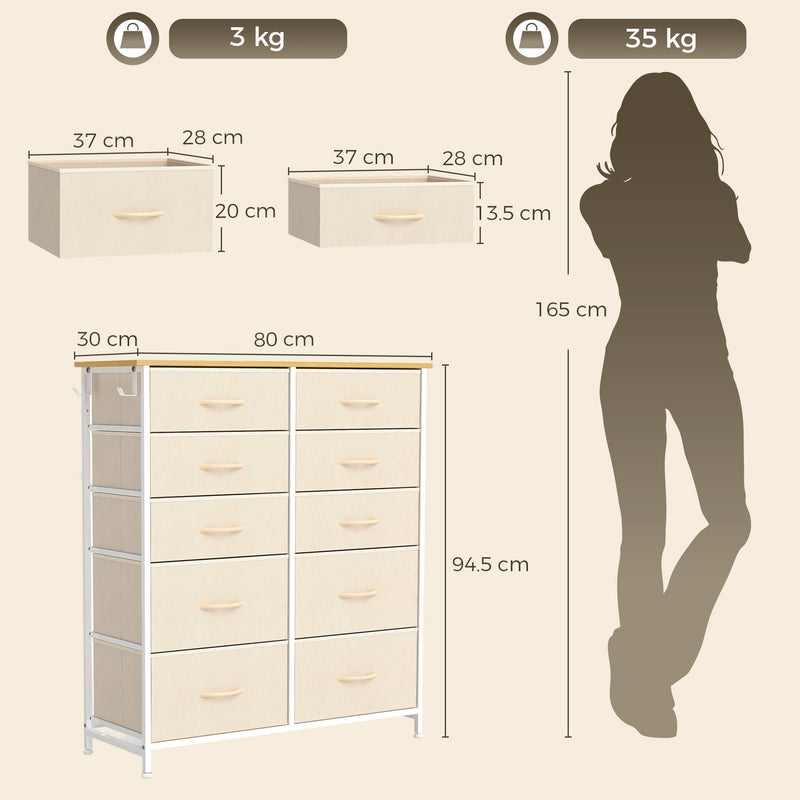 Dimensions diagram showing 80 x 30 x 94.5 cm overall size and upper and lower drawer sizes
