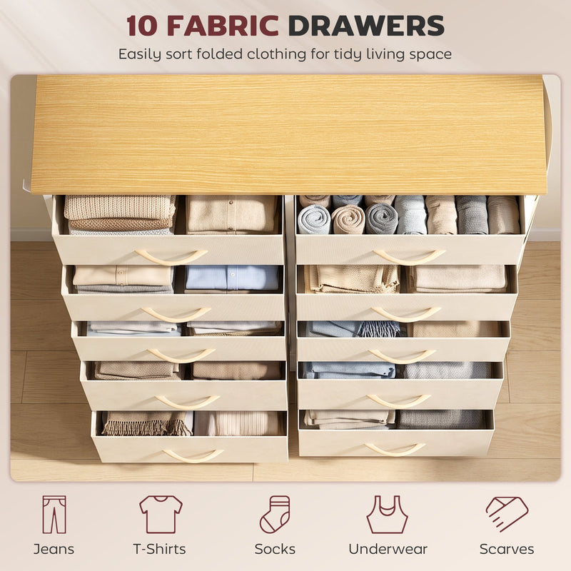 Open fabric drawers holding folded clothes and linens