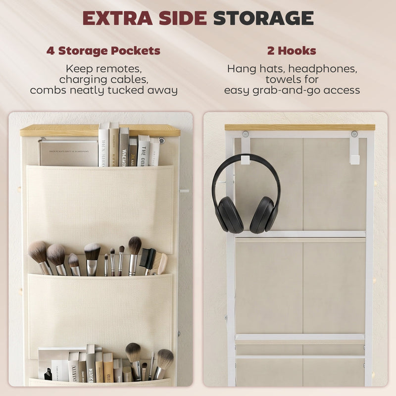 Close-up of the side storage pockets and hooks on the beige chest