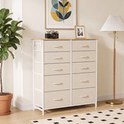 Beige 10 drawer fabric chest of drawers, front view in a room