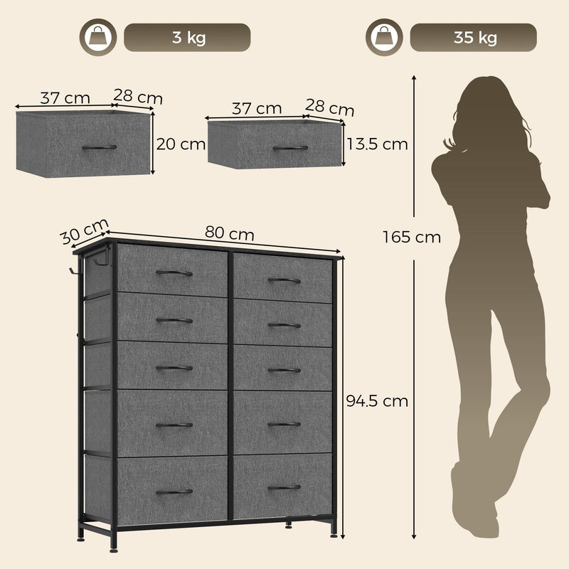 Dimensions diagram of the HOMCOM grey fabric chest of drawers showing 80W x 30D x 94.5H cm with drawer measurements