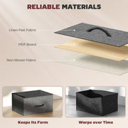 Material breakdown graphic for the HOMCOM grey fabric chest of drawers showing linen-feel fabric, MDF board and non-woven fabric layers