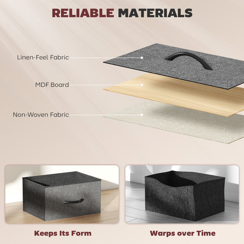 Material breakdown graphic for the HOMCOM grey fabric chest of drawers showing linen-feel fabric, MDF board and non-woven fabric layers