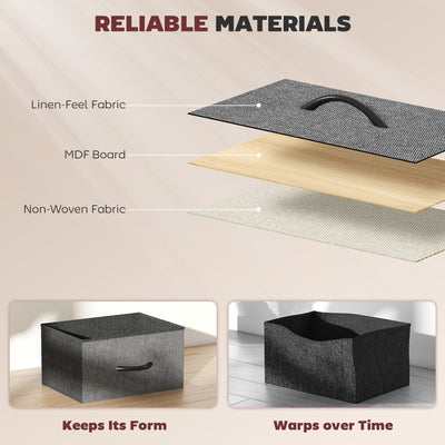 Material breakdown graphic for the HOMCOM grey fabric chest of drawers showing linen-feel fabric, MDF board and non-woven fabric layers