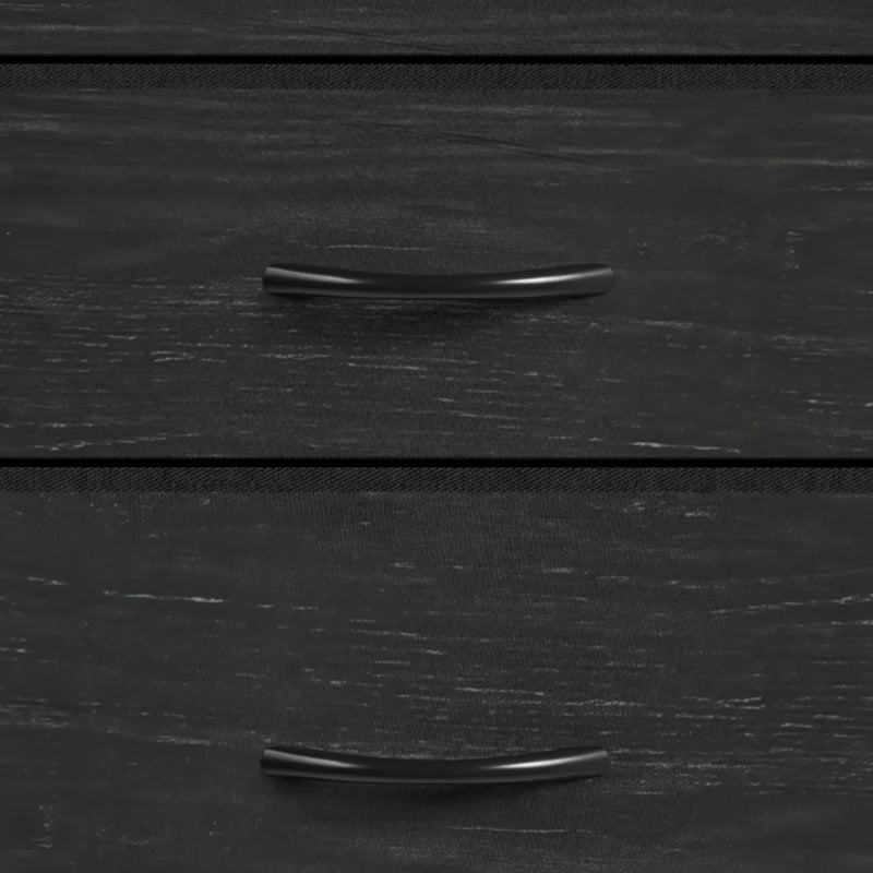 Close-up of the black drawer handles on the wood-grain fabric