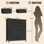 Dimensions diagram showing 80 cm wide, 30 cm deep and 94.5 cm high with drawer sizes and load limits