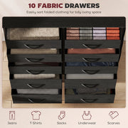 Ten fabric drawers pulled open and filled with folded clothes