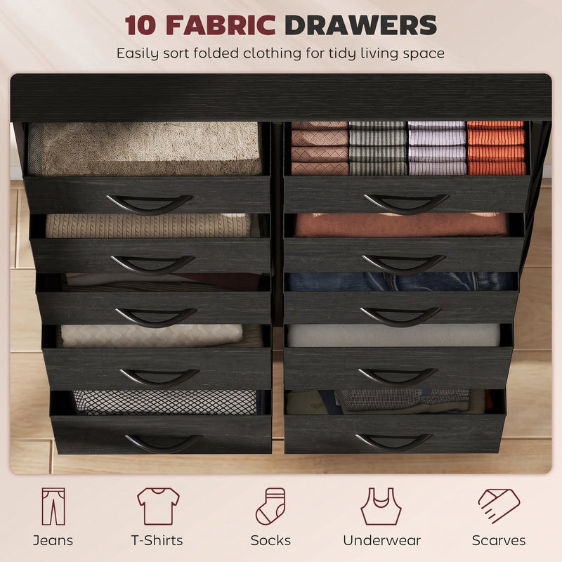Ten fabric drawers pulled open and filled with folded clothes