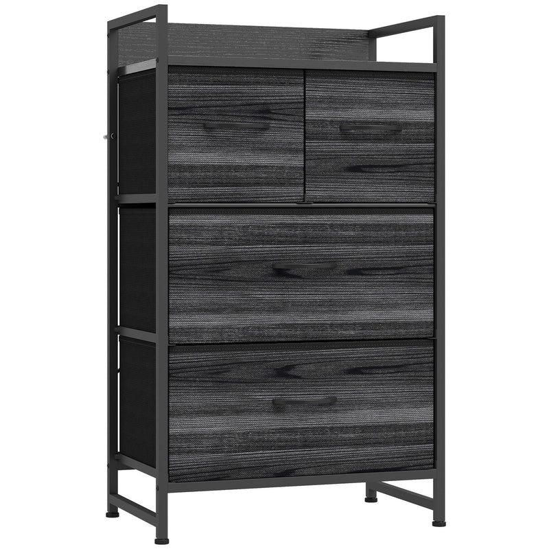 Front studio view of the 4-drawer chest with wood-grain drawer fronts and steel frame