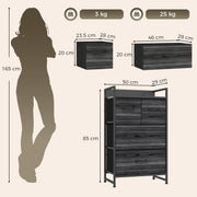 Size guide showing the chest beside a 165 cm figure with 50 x 29 x 85 cm dimensions and drawer sizes