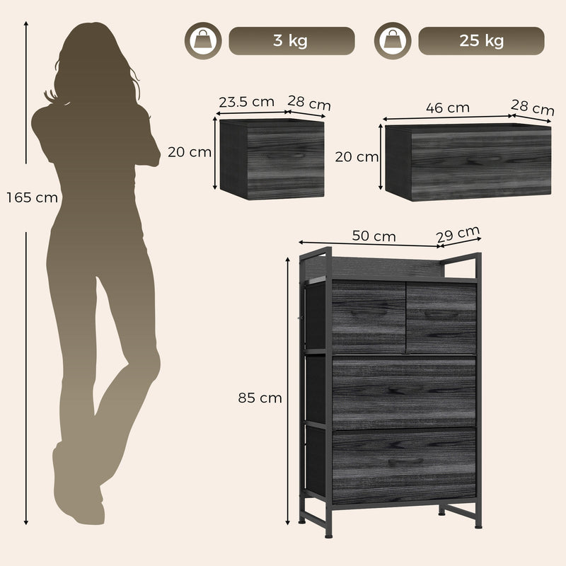 Size guide showing the chest beside a 165 cm figure with 50 x 29 x 85 cm dimensions and drawer sizes