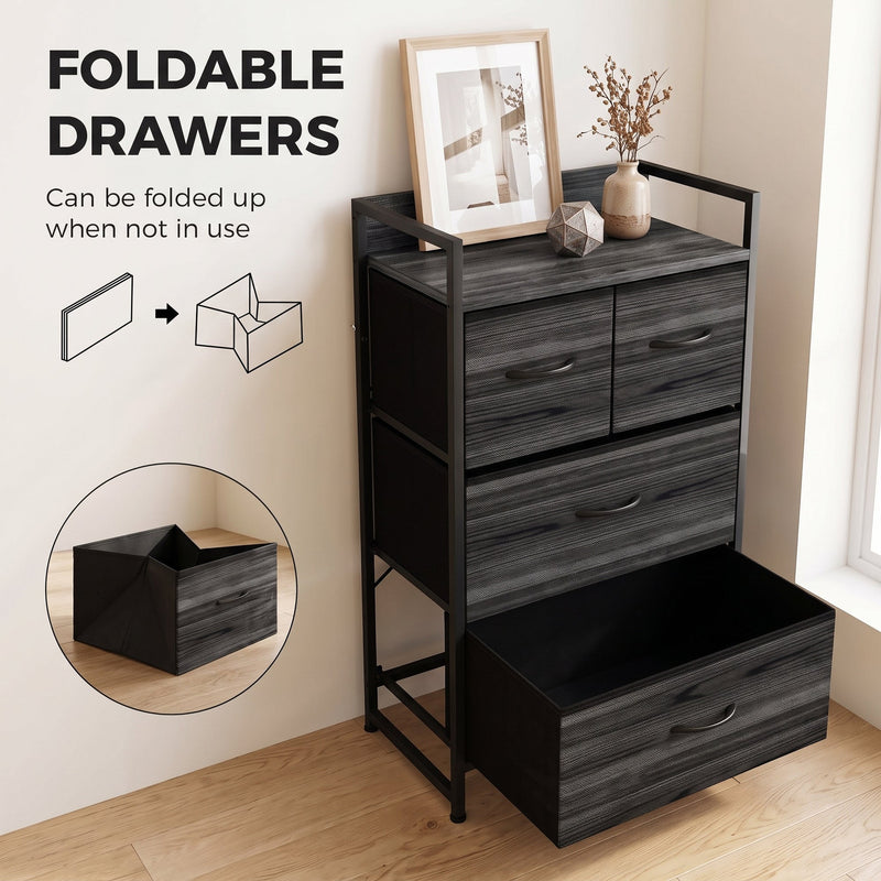 Bottom drawer pulled fully open with an inset of a fabric drawer folding flat